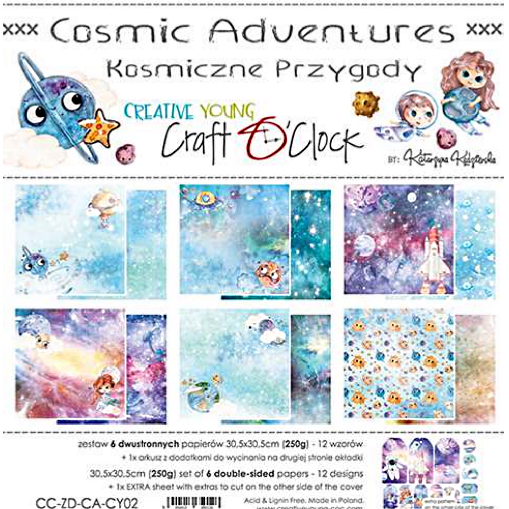 Skrapbukinga papīra kolekcija "Craft O'Clock: Creative Young-Cosmic Adventures", 30.5x30.5 cm, 250g/ m2, 6 divpusējas loksnes, 12 dizaini
