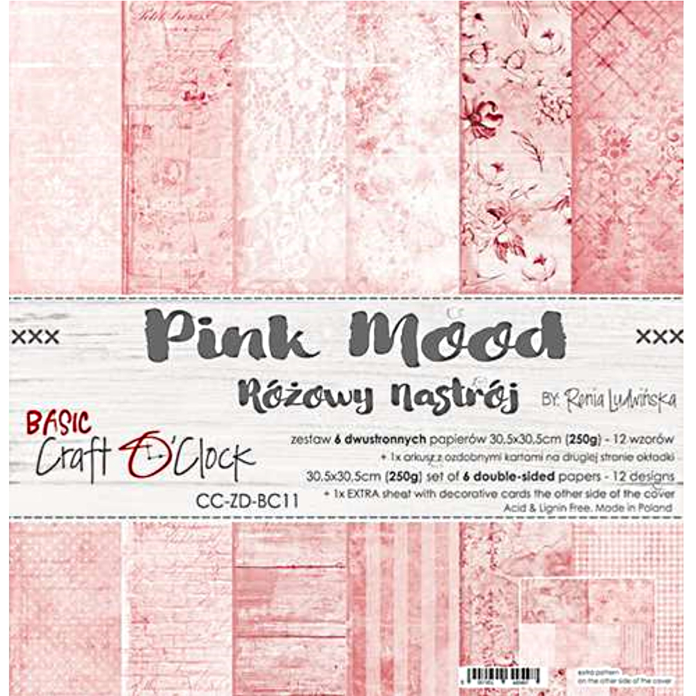 Skrapbukinga papīra kolekcija "Craft O'Clock: Pink Mood", 30.5x30.5 cm, 250g/ m2, 6 divpusējas loksnes, 12 dizaini