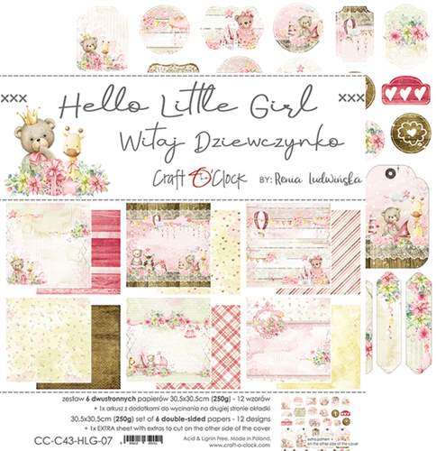 Skrapbukinga papīra kolekcija "Craft O'Clock: Hello Little Girl", 30.5x30.5 cm, 250g/ m2, 6 divpusējas loksnes, 12 dizaini