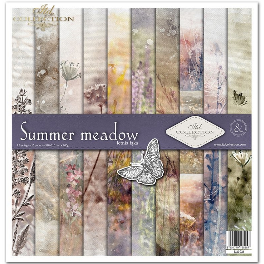 Skrapbukinga papīra kolekcija ''Summer meadow'', 31x32 cm ar baltu rāmīti, grafika 30x30.7 cm, 200 g/ m2, 10 vienpusējas loksnes + bonusa loksne