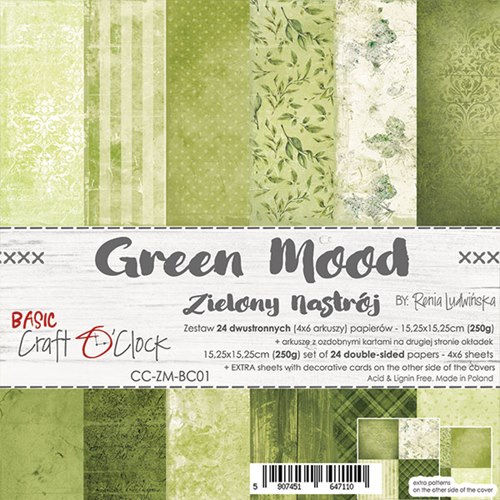 Skrapbukinga papīra kolekcija "Craft O'Clock: Green Mood", 15.2x15.2 cm, 250g/ m2, 24 loksnes, 12 dizaini (4x6 divpusējas loksnes)