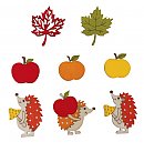 Koka dekori "Ezis, ābols, lapa", asorti, 3-5.2cm, ar pašlīmējošo punktu, iepakojumā 8 gab., krāsaini