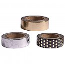 Set Washi Tape foils Black/ gold/ silver, 3 designs, 15mm x 10m each, set 3 pcs., ZS